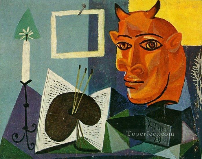 Still life with palette candle and head of a red minotaur 1938 Pablo Picasso Oil Paintings